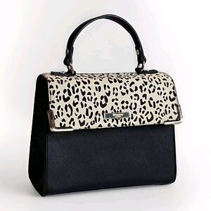 DUNE LONDON Black Handbag Mohair Cheetah Print Brown And Cream Gold Tone Accents